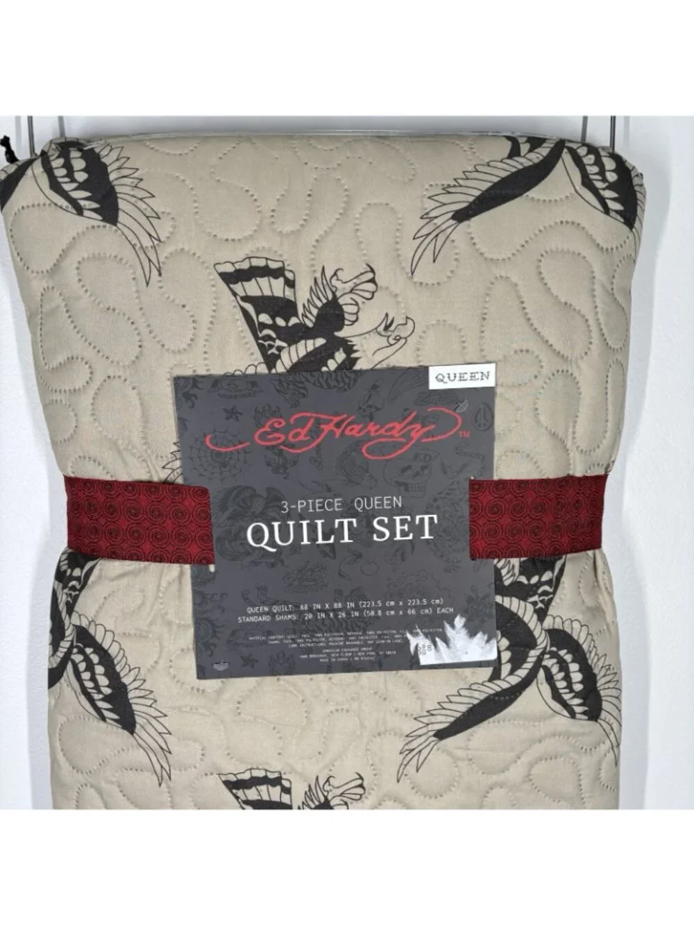 Ed Hardy 3pc Queen Quilt W/2 Shams Set Tan W/All Over Eagle Print NWT